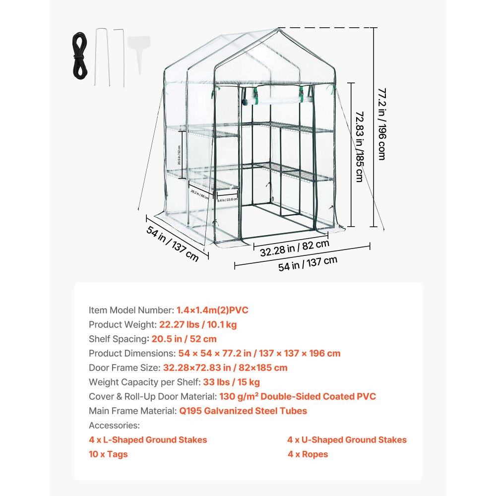 VEVOR Walk-in Greenhouse, 137 x 137 x 196 cm Greenhouse for Outdoors with PVC Cover, 2 Tiers 10 Shelves, Roll-Up Zipper Door, Walk in Green House, Portable Plant Garden Hot House for Backyard Outside