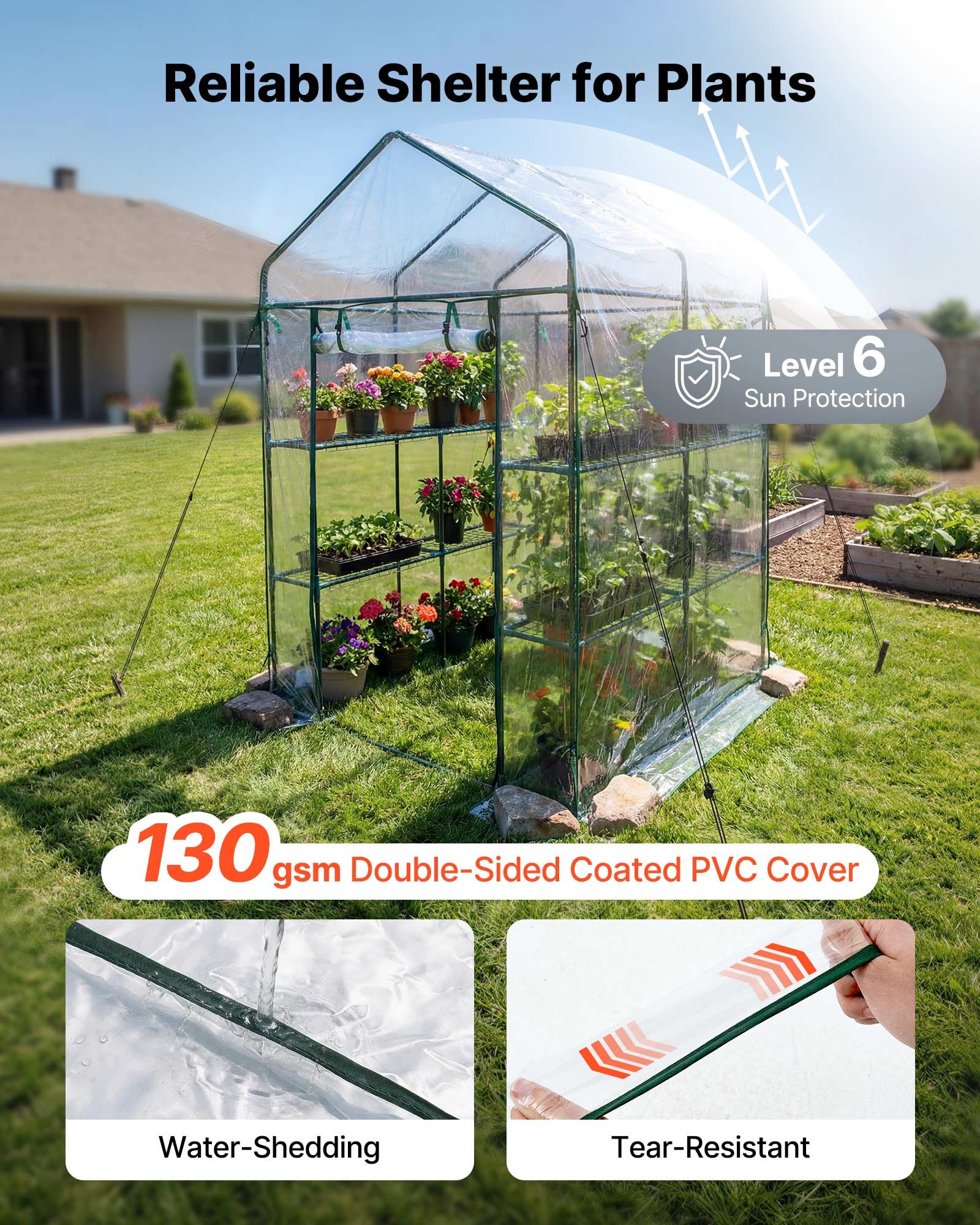 VEVOR Walk-in Greenhouse, 137 x 137 x 196 cm Greenhouse for Outdoors with PVC Cover, 2 Tiers 10 Shelves, Roll-Up Zipper Door, Walk in Green House, Portable Plant Garden Hot House for Backyard Outside