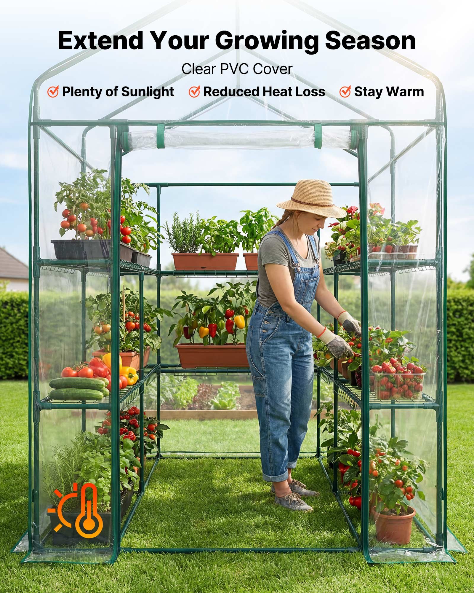 VEVOR Walk-in Greenhouse, 137 x 137 x 196 cm Greenhouse for Outdoors with PVC Cover, 2 Tiers 10 Shelves, Roll-Up Zipper Door, Walk in Green House, Portable Plant Garden Hot House for Backyard Outside