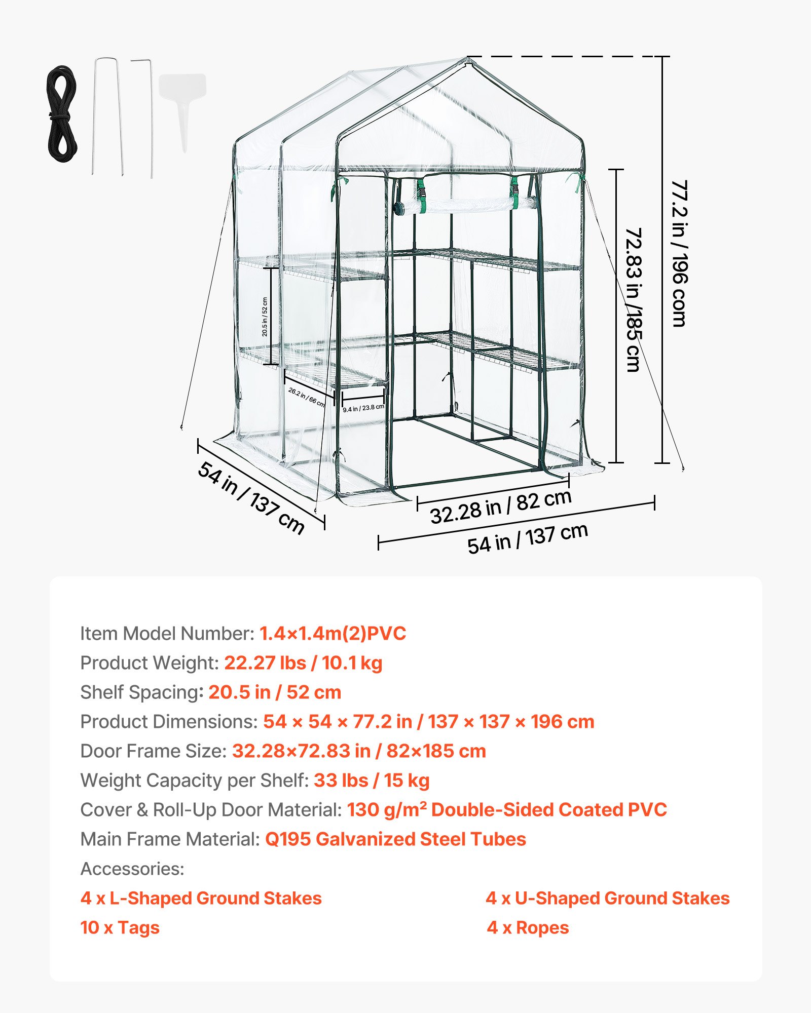 VEVOR Walk-in Greenhouse, 137 x 137 x 196 cm Greenhouse for Outdoors with PVC Cover, 2 Tiers 10 Shelves, Roll-Up Zipper Door, Walk in Green House, Portable Plant Garden Hot House for Backyard Outside