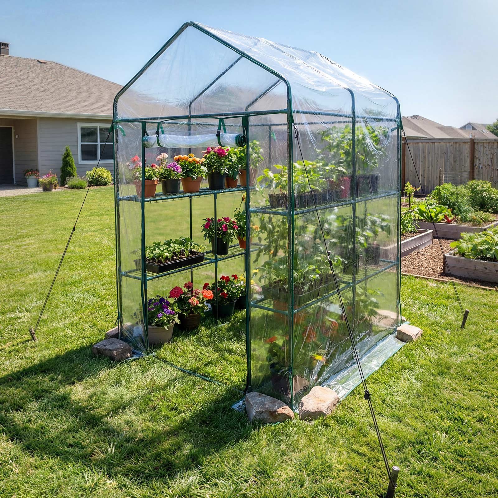 VEVOR Walk-in Greenhouse, 137 x 137 x 196 cm Greenhouse for Outdoors with PVC Cover, 2 Tiers 10 Shelves, Roll-Up Zipper Door, Walk in Green House, Portable Plant Garden Hot House for Backyard Outside