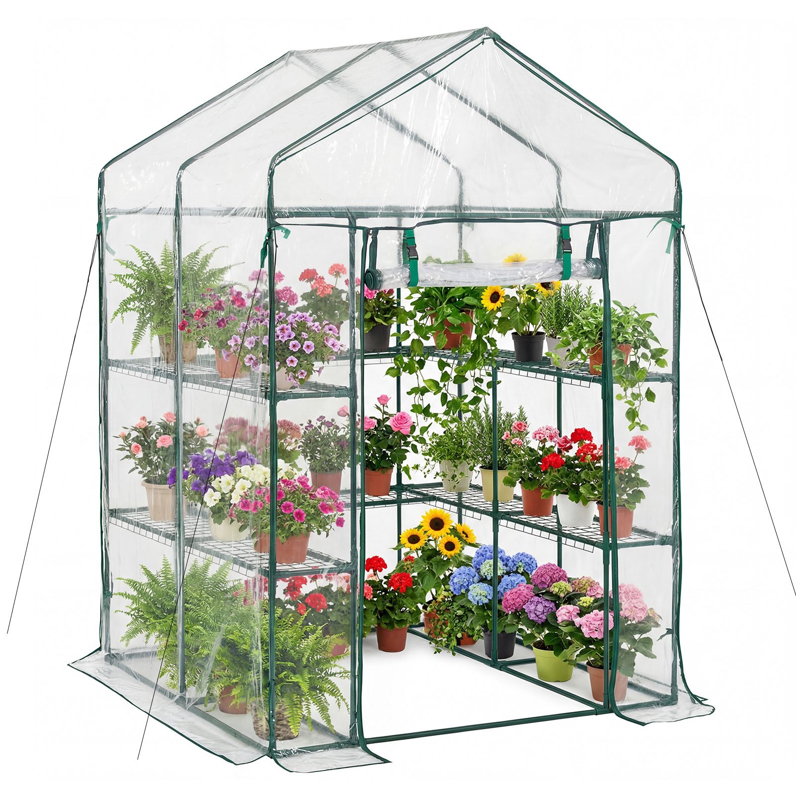 VEVOR Walk-in Greenhouse, 137 x 137 x 196 cm Greenhouse for Outdoors with PVC Cover, 2 Tiers 10 Shelves, Roll-Up Zipper Door, Walk in Green House, Portable Plant Garden Hot House for Backyard Outside