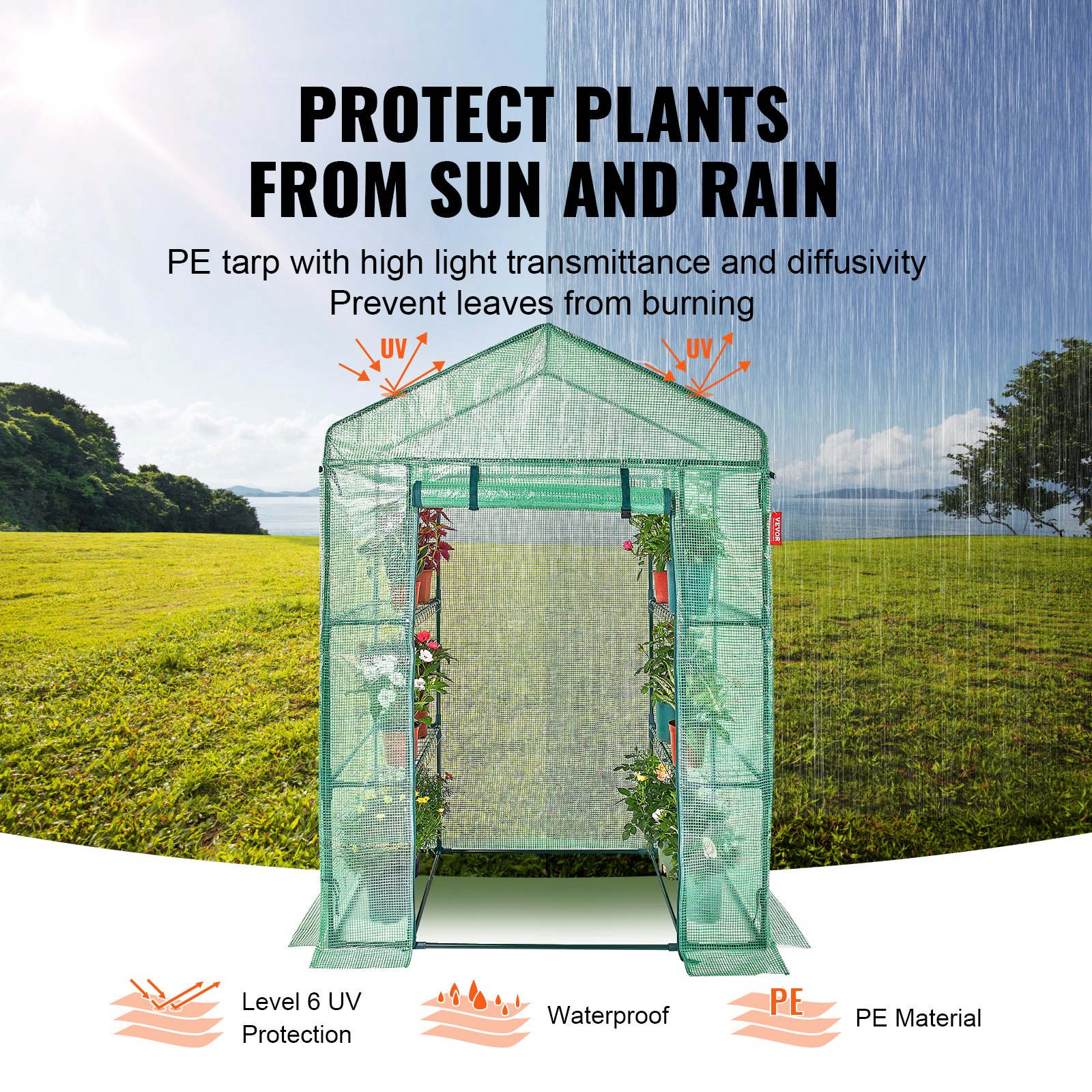 VEVOR Walk-in Green House, 4.6 x 2.4 x  6.7 ft  Greenhouse with Shelves, Set Up in Minutes, High Strength PE Cover with Doors & Windows and Steel Frame, Suitable for Planting and Storage, Green