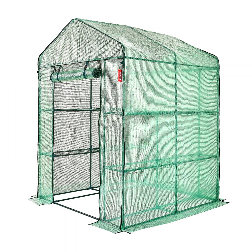 VEVOR walk-in greenhouse with green mesh covering, roll-up door, and sturdy frame.