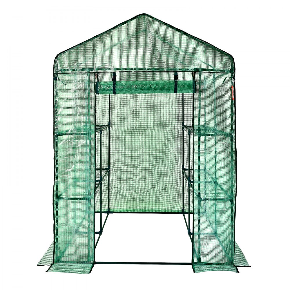 walk-in greenhouse with green grid cover, metal frame, and shelving for plant growth, by VEVOR.