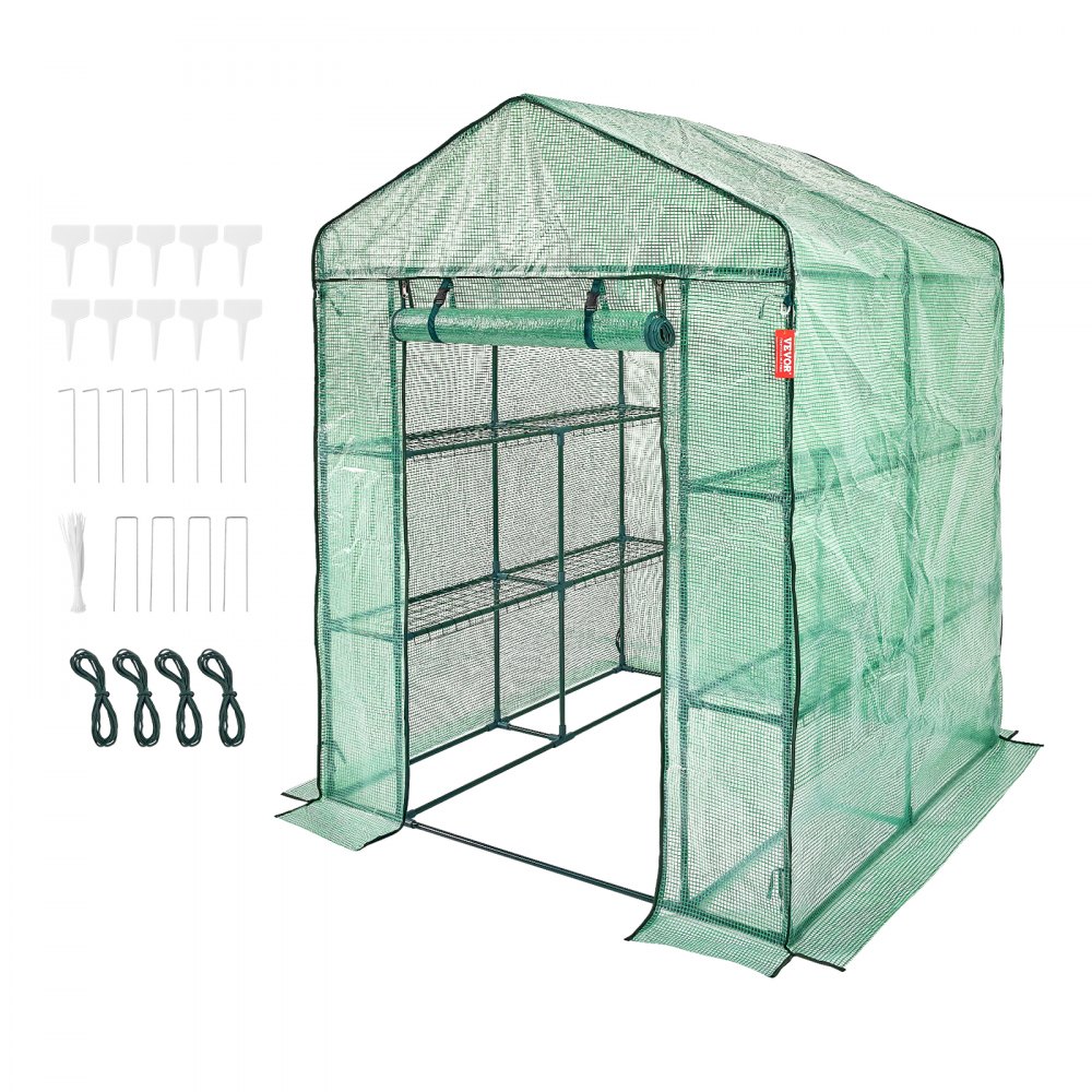 VEVOR walk-in greenhouse with shelves, green cover, and included accessories (stakes, ropes, ties).