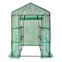 walk-in greenhouse with green grid cover, metal frame, and shelving for plant growth, by VEVOR.