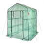 VEVOR walk-in greenhouse with shelves and roll-up door, green polyethylene cover, metal frame.