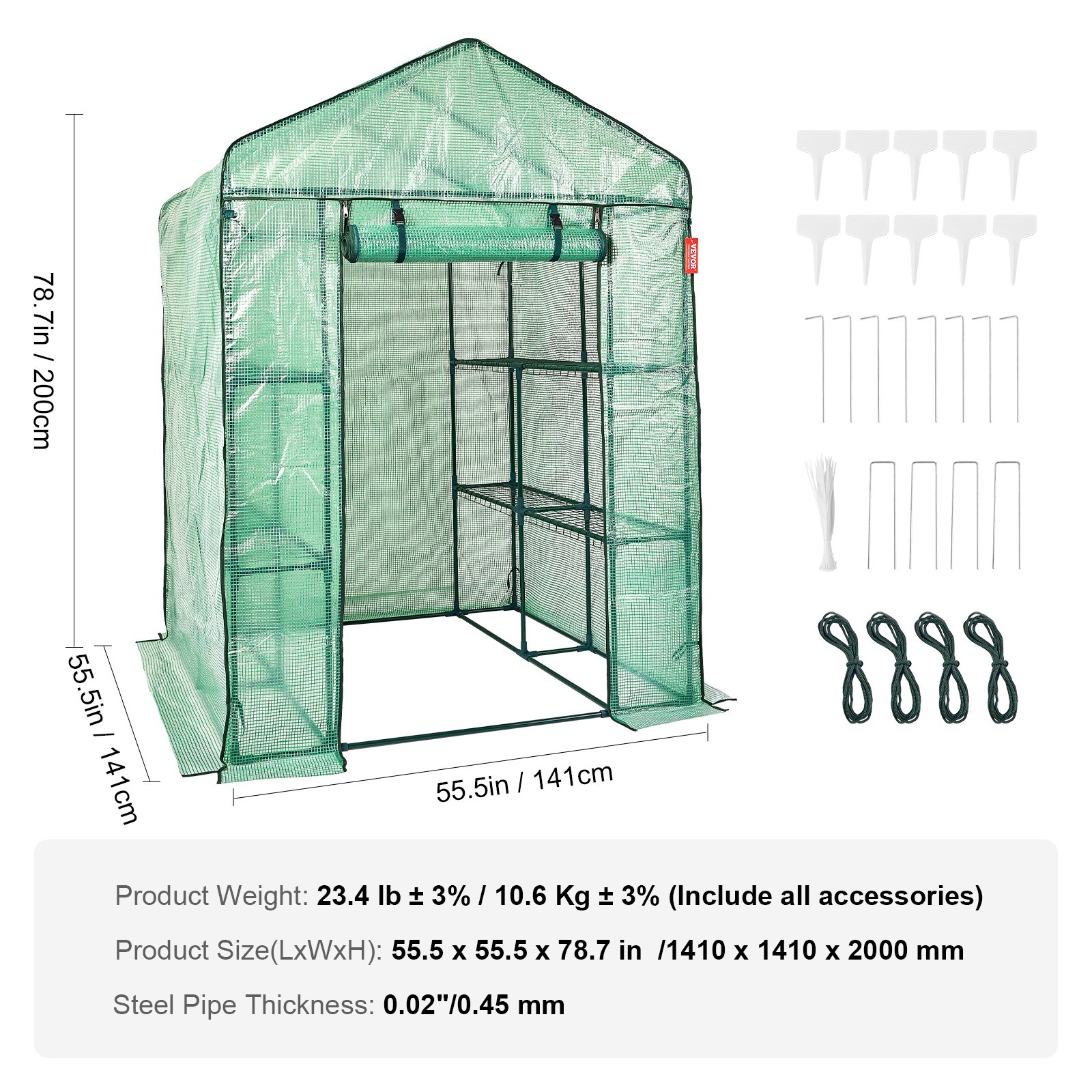 VEVOR walk-in greenhouse, 200cm high, with measurements 141x141cm. accessories include ropes, stakes.
