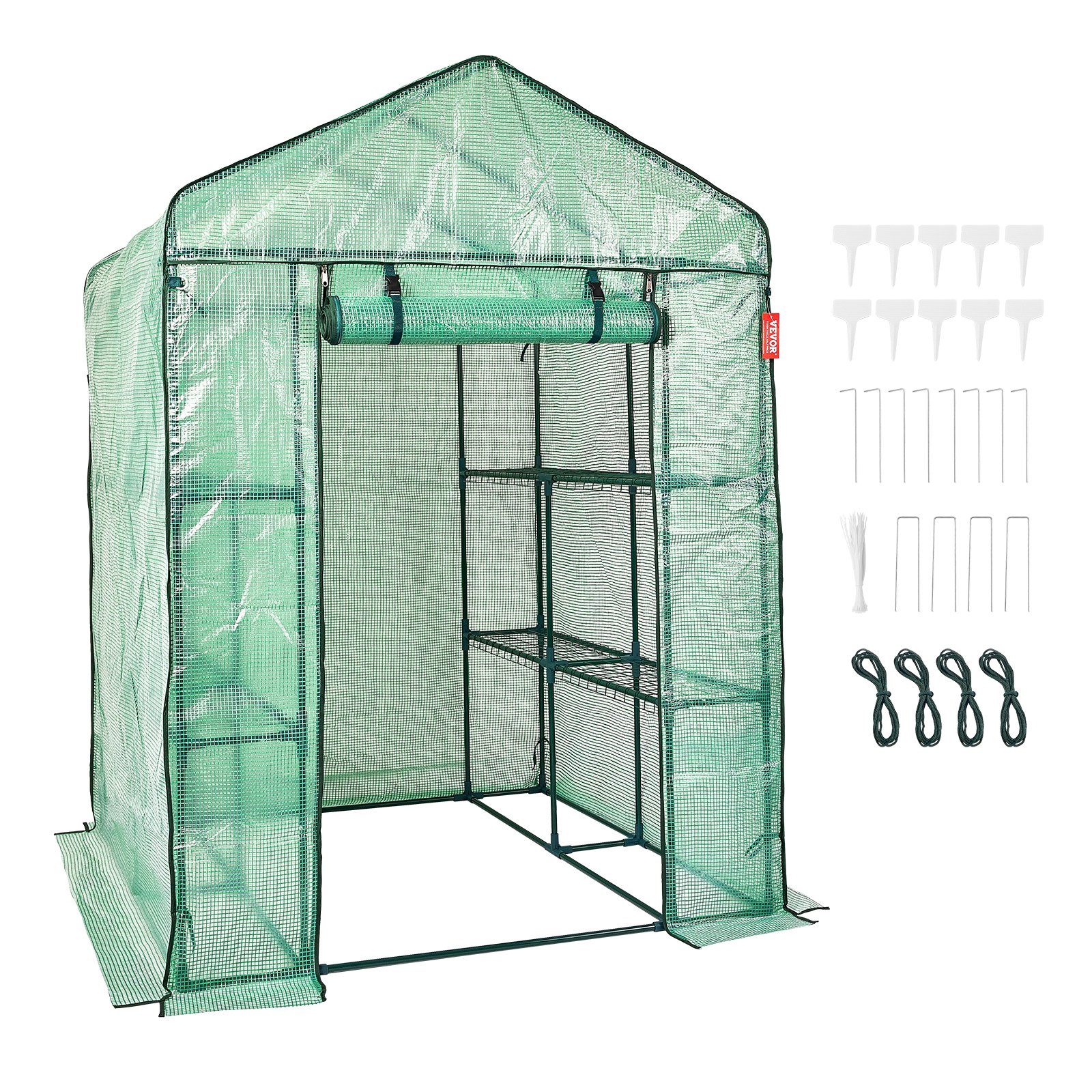 VEVOR walk-in greenhouse with a roll-up door, shelves, and accessories for gardening.
