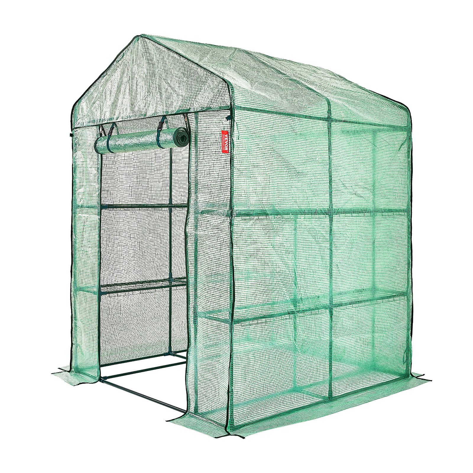 VEVOR walk-in greenhouse with green mesh covering, roll-up door, and sturdy frame.
