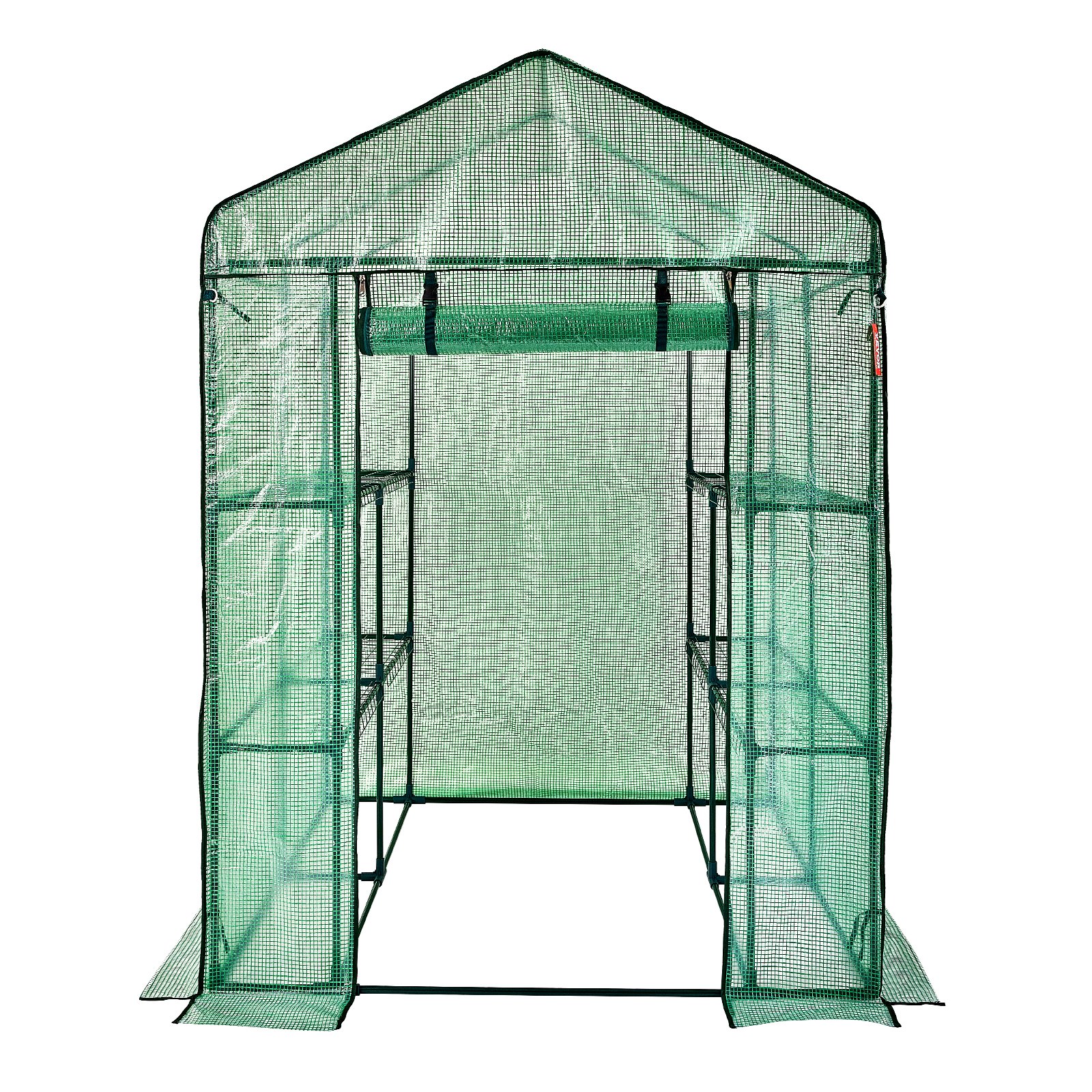 walk-in greenhouse with green grid cover, metal frame, and shelving for plant growth, by VEVOR.