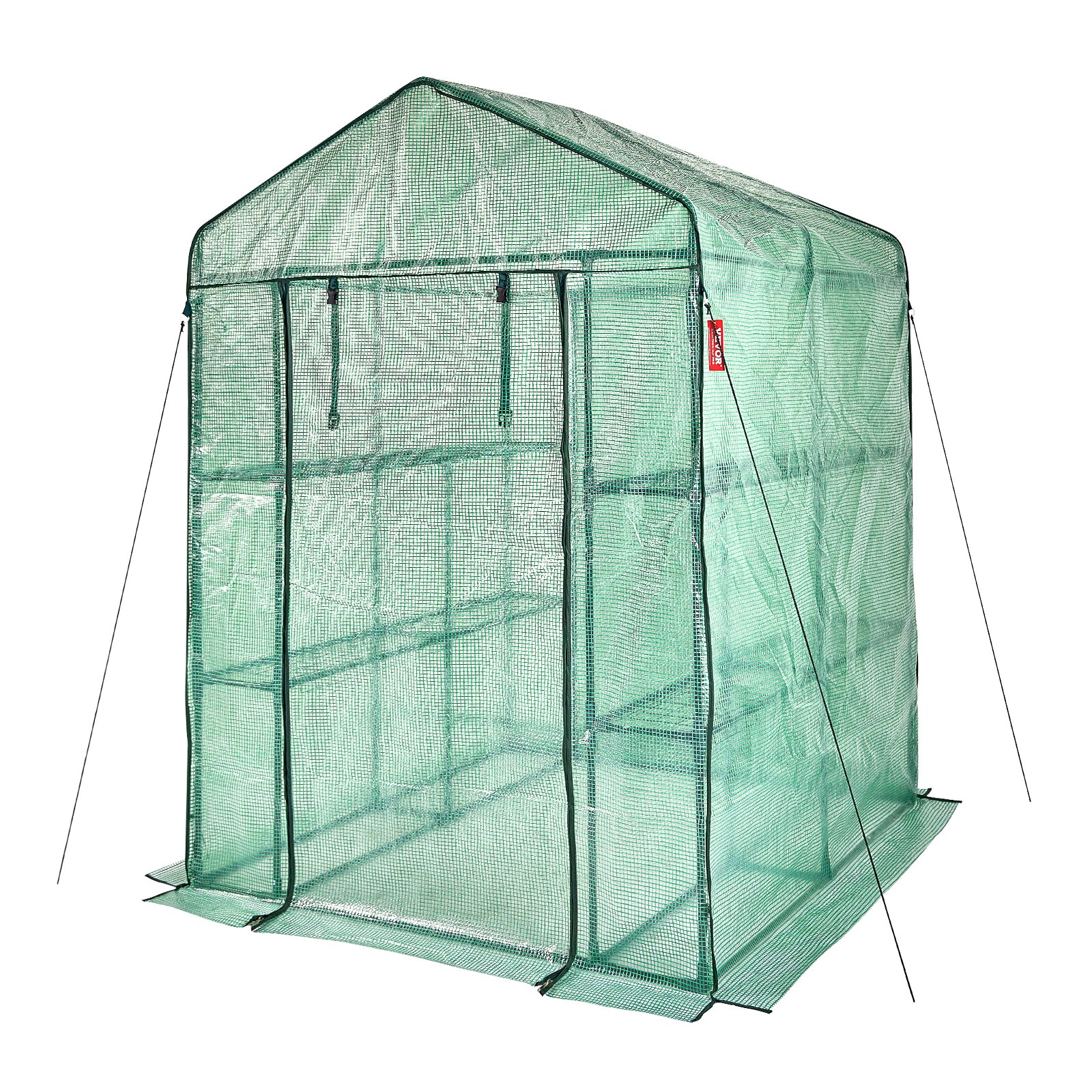 VEVOR walk-in greenhouse with shelves and roll-up door, green polyethylene cover, metal frame.
