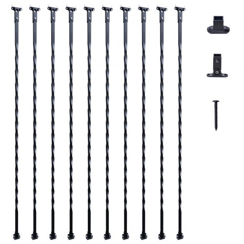 VEVOR Staircase Metal Balusters, 44'' x 1/2" Galvanized Steel Decorative Banister Spindles, 10 Pack Deck Baluster with Hollow Twists, Satin Black Spiral Stair Railing with Shoes & Screws