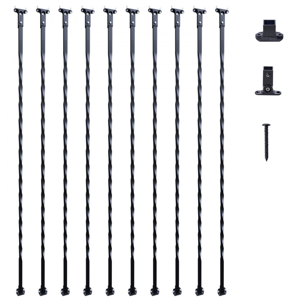Μεταλλικά κάγκελα σκάλας VEVOR, 44'' x 1/2" Διακοσμητικές άξονες από γαλβανισμένο χάλυβα, κιγκλίδωμα κατάστρωμα 10 συσκευασιών με κοίλες συστροφές, σατέν μαύρο σπειροειδές κιγκλίδωμα σκάλας με παπούτσια & βίδες