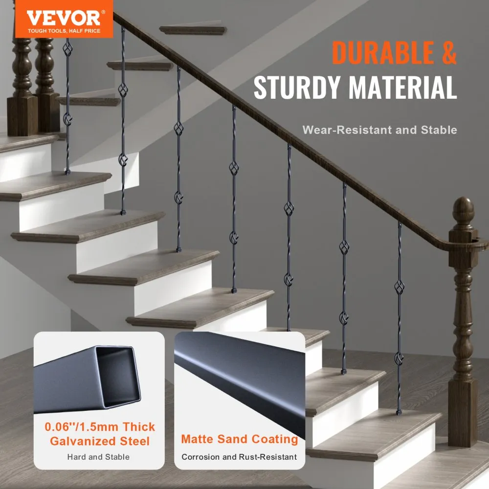 VEVOR Staircase Metal Balusters, 44'' x 1/2" Galvanized Steel Decorative Banister Spindles, 10 Pack Deck Baluster with Hollow Double Baskets, Spiral Stair Railing with Shoes & Screws