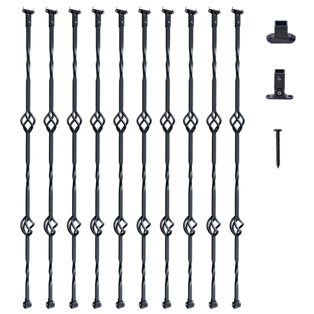 VEVOR Staircase Metal Balusters, 44'' x 1/2" Galvanized Steel Decorative Banister Spindles, 10 Pack Deck Baluster with Hollow Double Baskets, Spiral Stair Railing with Shoes & Screws