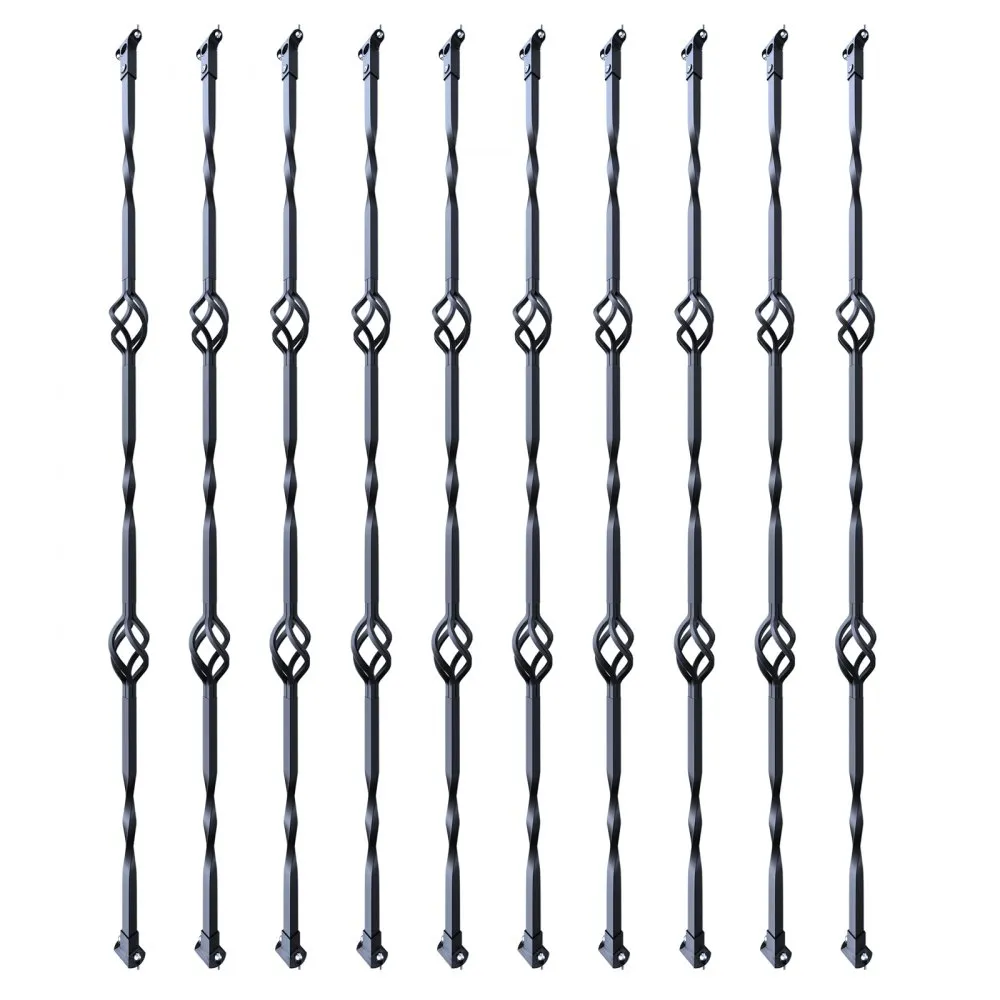 VEVOR Staircase Metal Balusters, 44'' x 1/2" Galvanized Steel Decorative Banister Spindles, 10 Pack Deck Baluster with Hollow Double Baskets, Spiral Stair Railing with Shoes & Screws