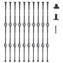 VEVOR Staircase Metal Balusters, 44'' x 1/2" Galvanized Steel Decorative Banister Spindles, 10 Pack Deck Baluster with Hollow Double Baskets, Spiral Stair Railing with Shoes & Screws