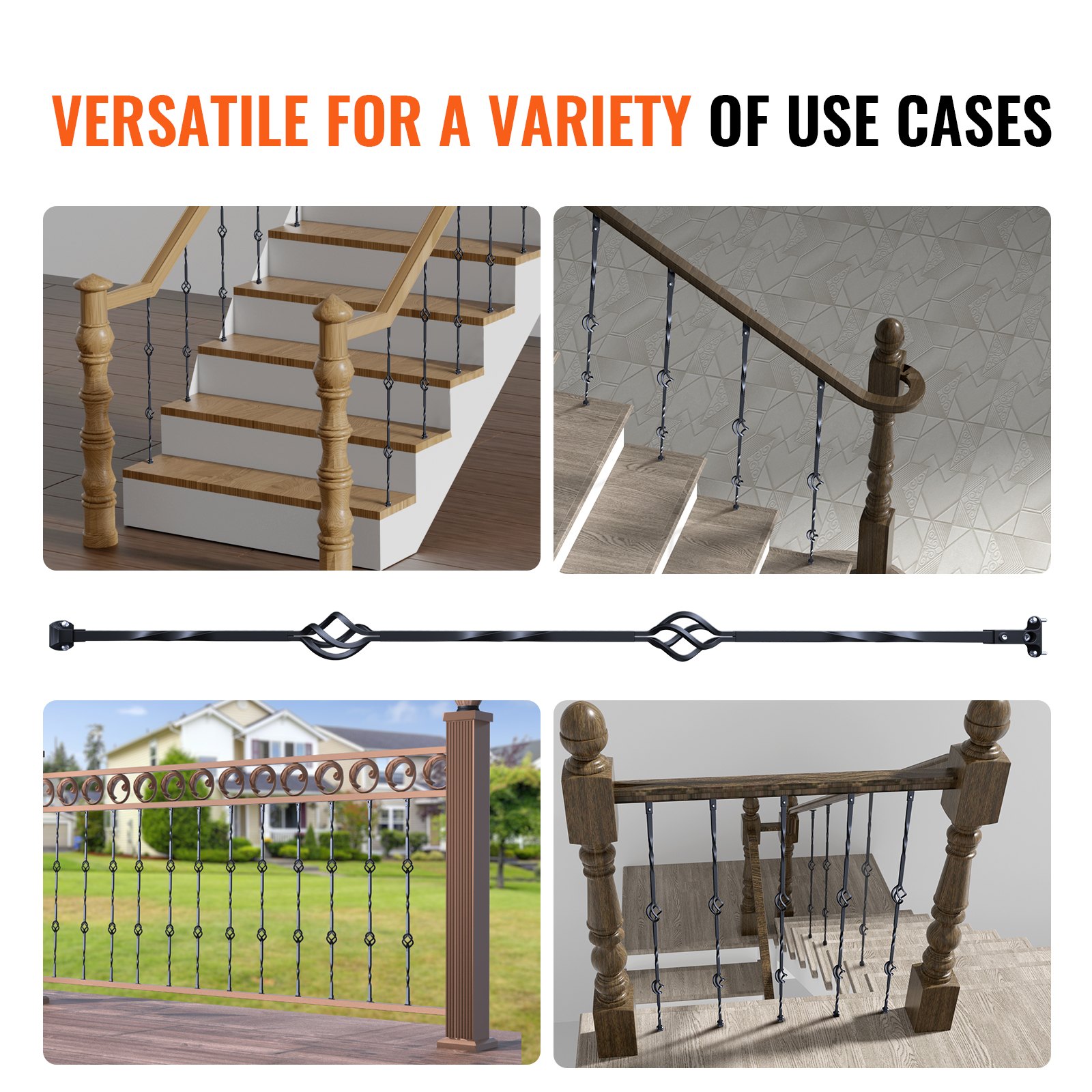 VEVOR Staircase Metal Balusters, 44'' x 1/2" Galvanized Steel Decorative Banister Spindles, 10 Pack Deck Baluster with Hollow Double Baskets, Spiral Stair Railing with Shoes & Screws