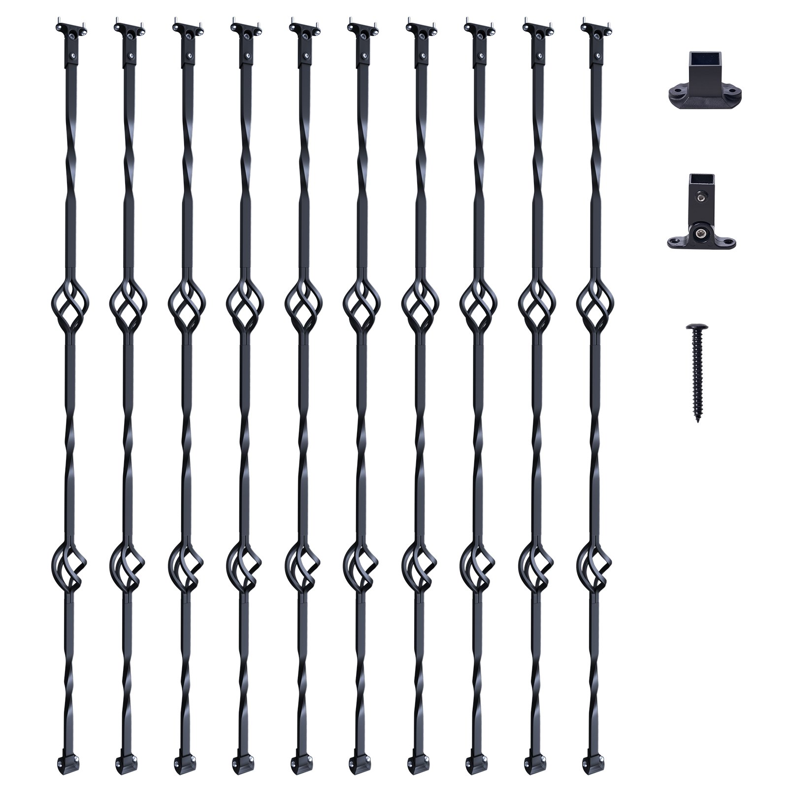 VEVOR Staircase Metal Balusters, 44'' x 1/2" Galvanized Steel Decorative Banister Spindles, 10 Pack Deck Baluster with Hollow Double Baskets, Spiral Stair Railing with Shoes & Screws