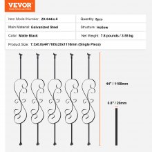VEVOR Staircase Metal Balusters, 44'' x 1/2" Galvanized Steel Decorative Banister Spindles, 5 Pack S Shape Deck Baluster, Hollow Satin Black Spiral Stair Railing with Shoes & Screws