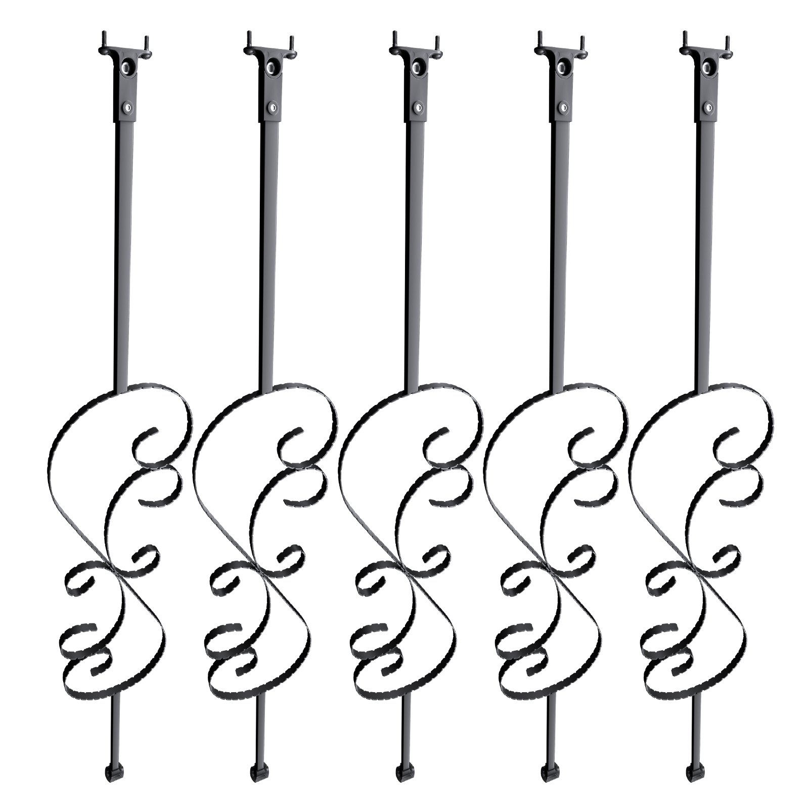 VEVOR Staircase Metal Balusters, 44'' x 1/2" Galvanized Steel Decorative Banister Spindles, 5 Pack S Shape Deck Baluster, Hollow Satin Black Spiral Stair Railing with Shoes & Screws
