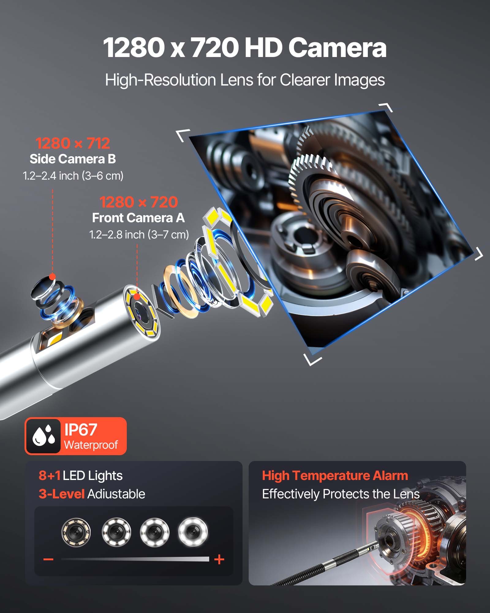 VEVOR 2-Way Dual-Lens Articulating Endoscope with Light, 1080P HD Industrial Borescope Inspection Camera with Articulated Probe, Rigid Snake Scope Cam for Wall Automotive Engine Inspect-4.9FT