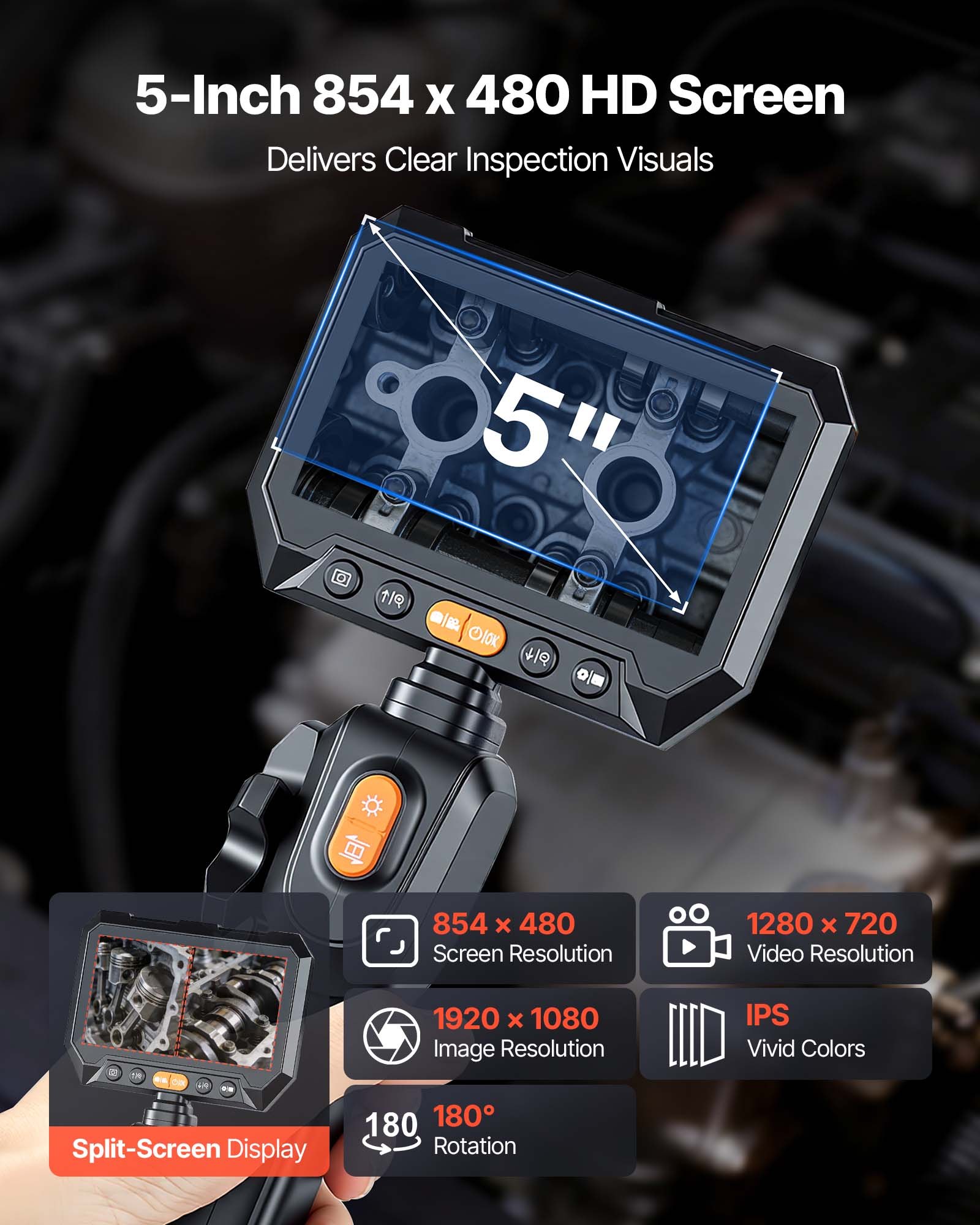 VEVOR 2-Way Dual-Lens Articulating Endoscope with Light, 1080P HD Industrial Borescope Inspection Camera with 0.24-inch Slim Articulated Probe, Rigid Snake Scope Cam for Wall Automotive Inspect-4.9FT