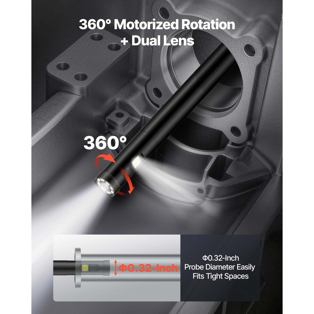 VEVOR Endoscope with Light, 360° View Coverage Industrial Borescope Inspection Camera with Rotating Probe, 1080P HD Rigid Snake Scope Cam for Wall Automotive Engine Inspect-16.4FT