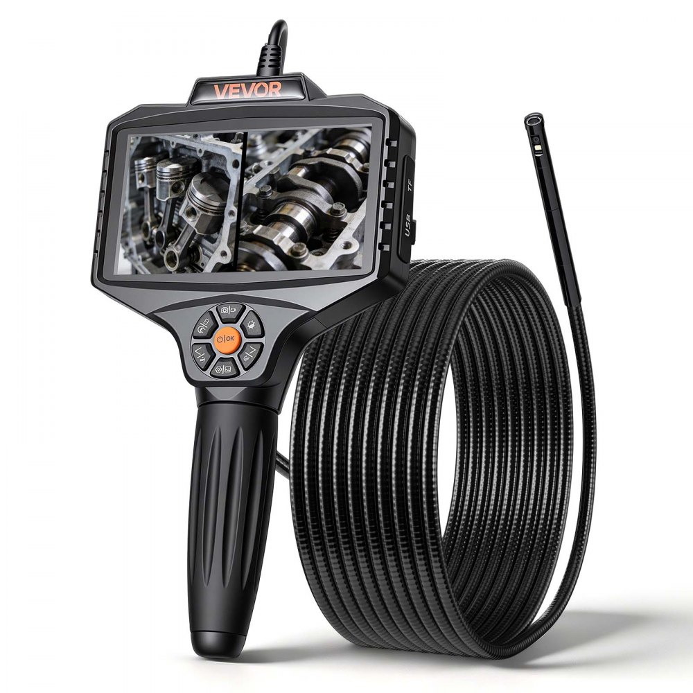 VEVOR Endoscope with Light, 360° View Coverage Industrial Borescope Inspection Camera with Rotating Probe, 1080P HD Rigid Snake Scope Cam for Wall Automotive Engine Inspect-16.4FT