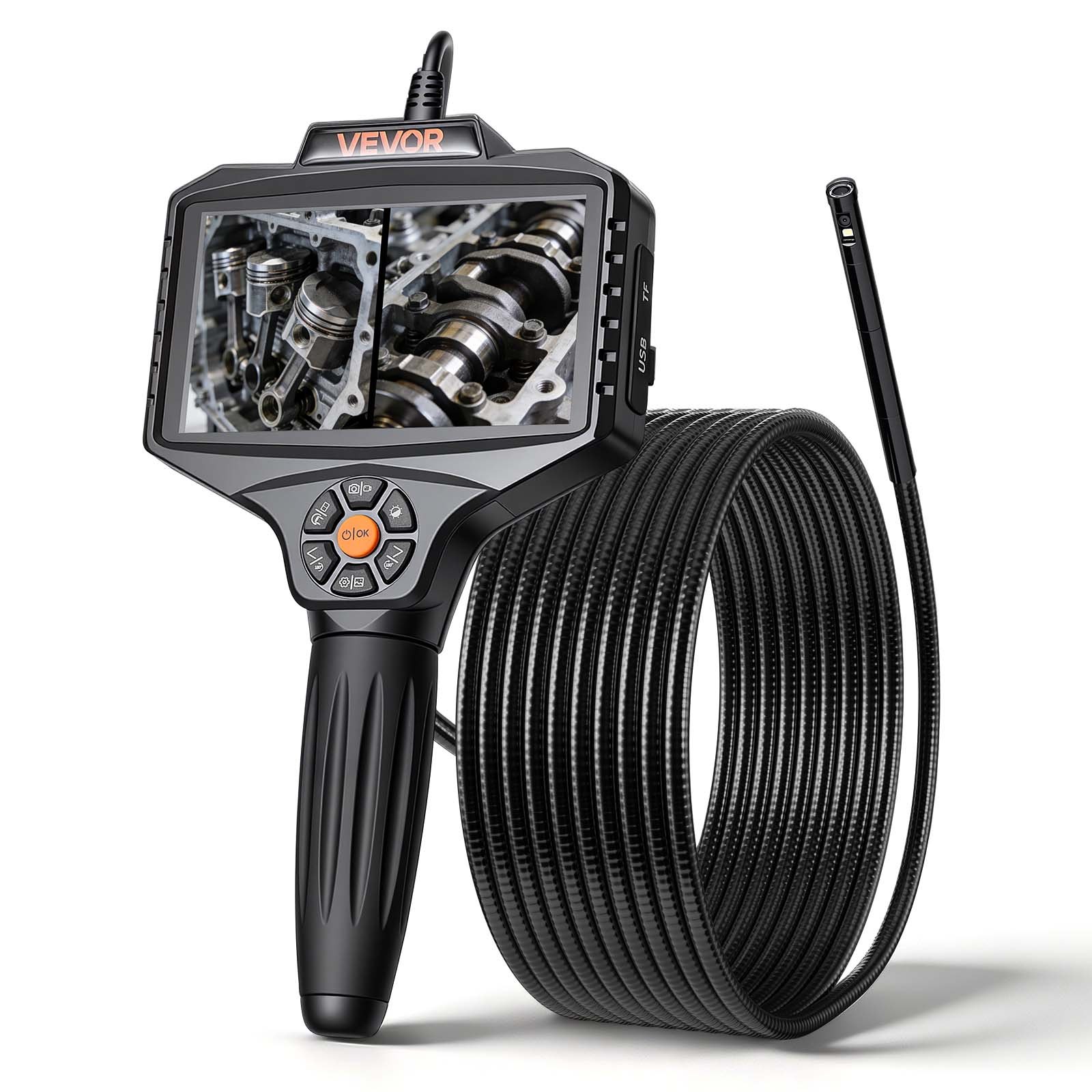 VEVOR Endoscope with Light, 360° View Coverage Industrial Borescope Inspection Camera with Rotating Probe, 1080P HD Rigid Snake Scope Cam for Wall Automotive Engine Inspect-16.4FT