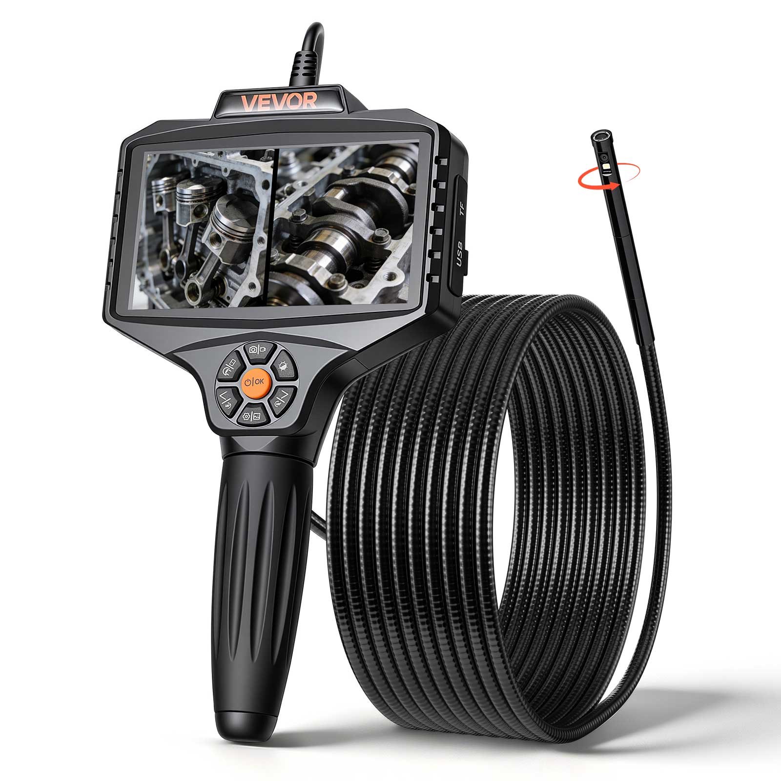 VEVOR Endoscope with Light, 360° View Coverage Industrial Borescope Inspection Camera with Rotating Probe, 1080P HD Rigid Snake Scope Cam for Wall Automotive Engine Inspect-16.4FT
