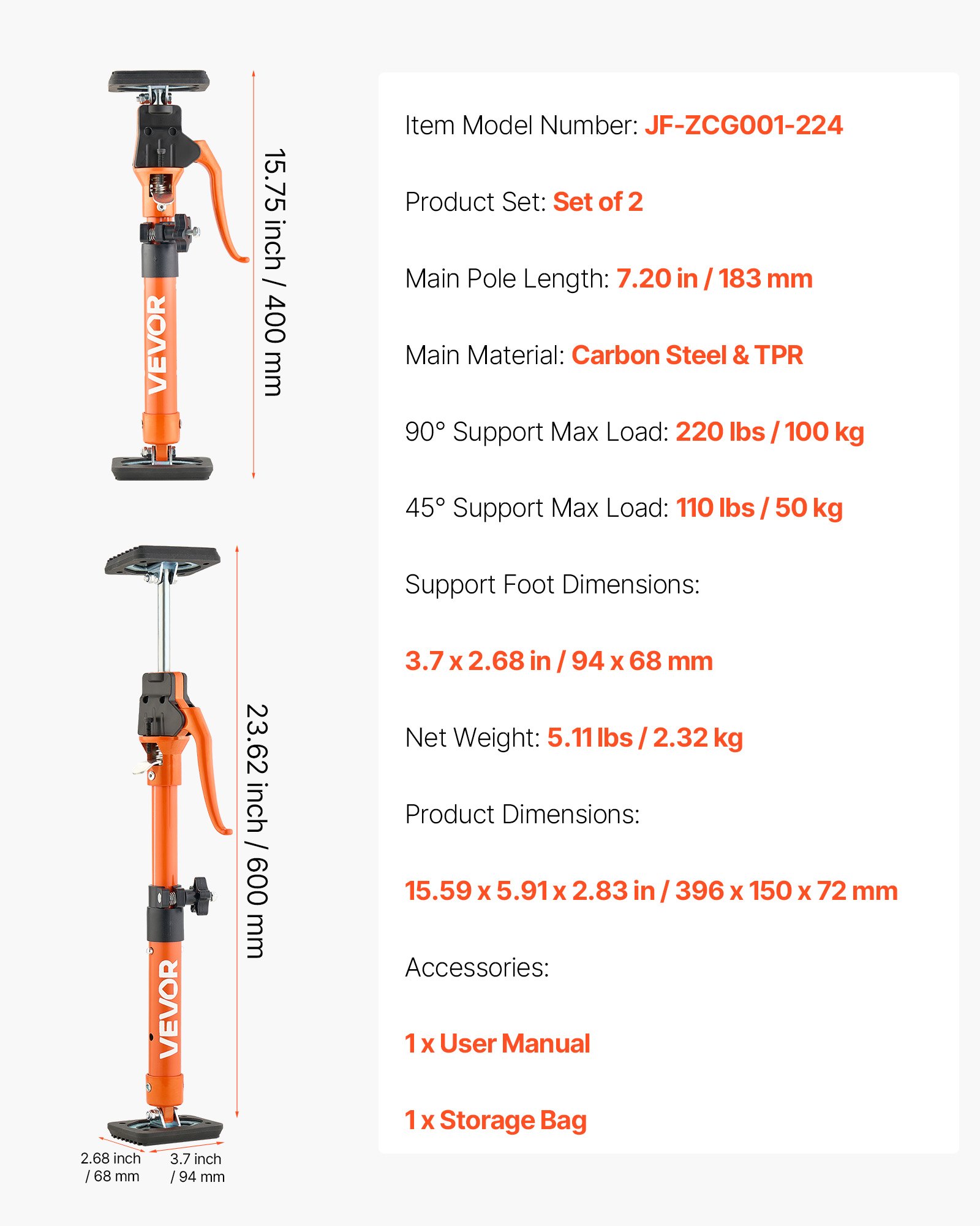 VEVOR Cabinet Jack Support Pole, 2-Pack, 40-60 cm Steel Telescopic Quick Support Rod, Adjustable 3rd Hand System up to 100 kg Capacity for Installing Cabinets, Lifting Drywall, Cargo Bars