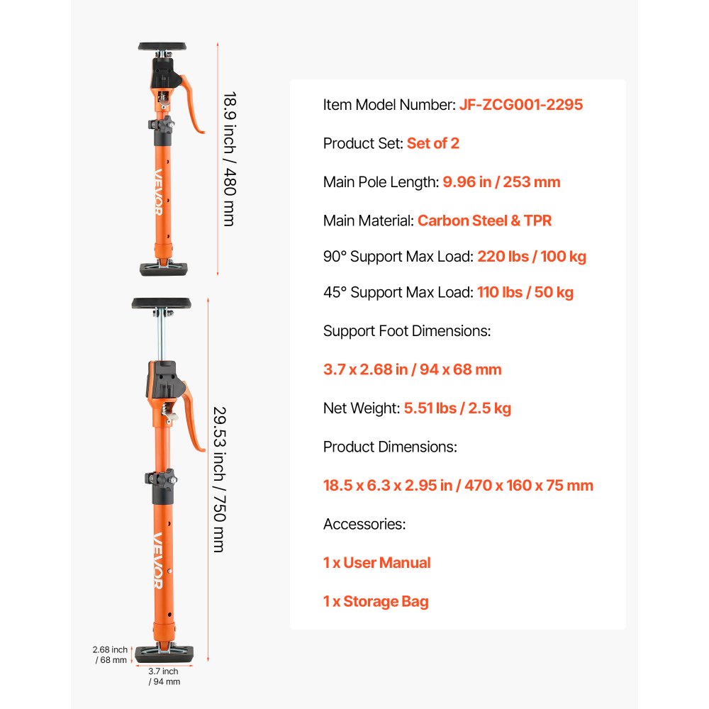VEVOR Cabinet Jack Support Pole, 2-Pack, 48-75 cm Steel Telescopic Quick Support Rod, Adjustable 3rd Hand System up to 100 kg Capacity for Installing Cabinets, Lifting Drywall, Cargo Bars