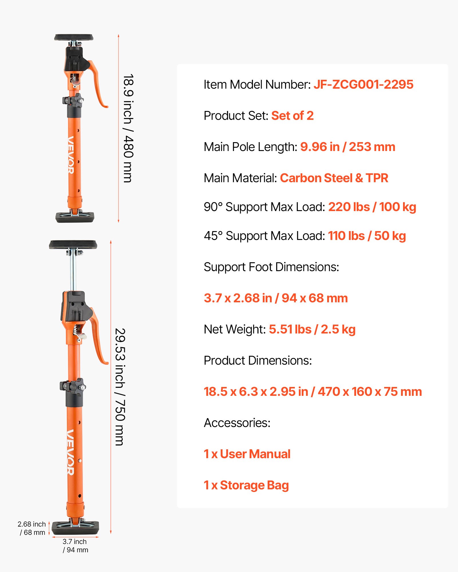 VEVOR Cabinet Jack Support Pole, 2-Pack, 48-75 cm Steel Telescopic Quick Support Rod, Adjustable 3rd Hand System up to 100 kg Capacity for Installing Cabinets, Lifting Drywall, Cargo Bars