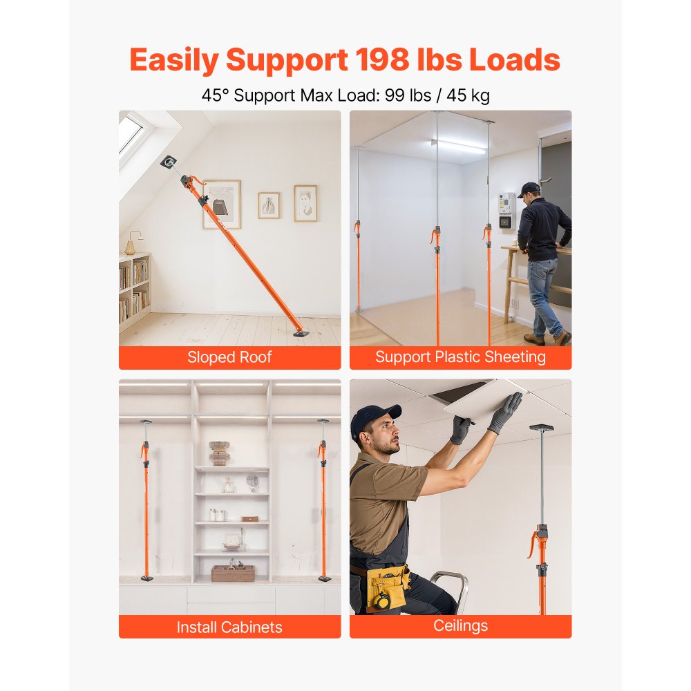 VEVOR Cabinet Jack Support Pole, 4-Pack, 125-291 cm Steel Telescopic Quick Support Rod, Adjustable 3rd Hand System up to 90 kg Capacity for Installing Cabinets, Lifting Drywall, Cargo Bars