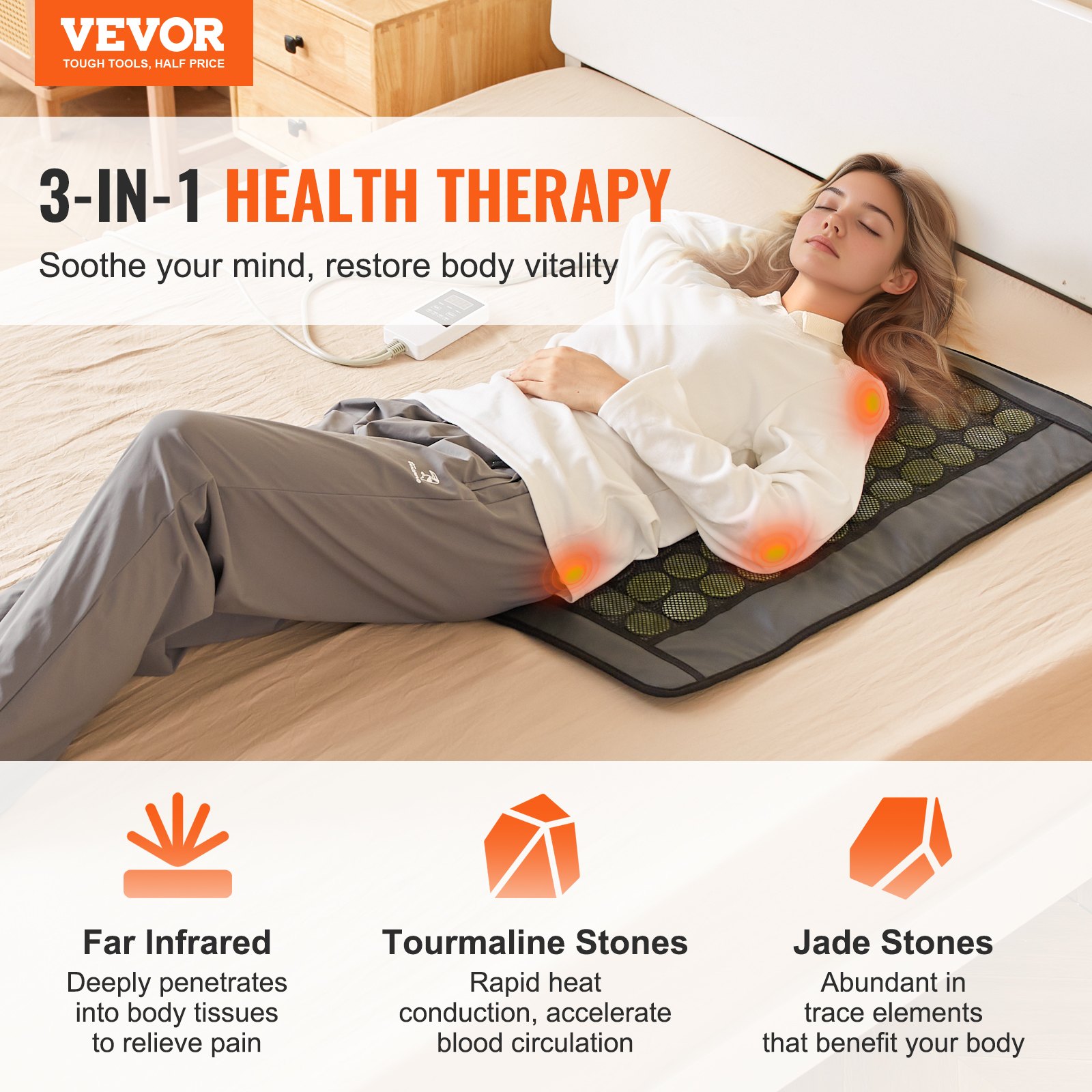 VEVOR Far Infrared Heating Pad, 48 Natural Jade & 24 Tourmaline Stone Heating Pad for Back Pain Relief, 103-159 ℉ Infrared Heating Pad with Smart Controller & Auto Shut Off (Medium Size 31.7" x 22")