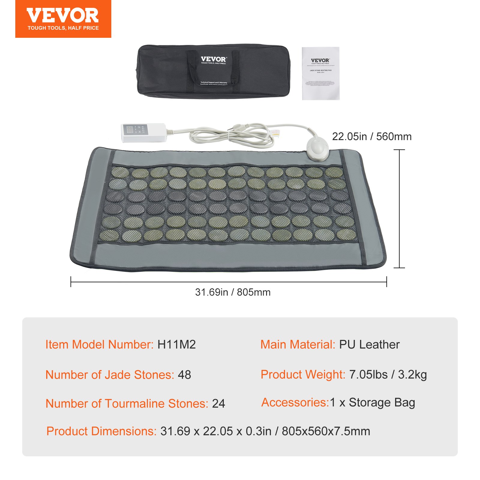 VEVOR Far Infrared Heating Pad, 48 Natural Jade & 24 Tourmaline Stone Heating Pad for Back Pain Relief, 103-159 ℉ Infrared Heating Pad with Smart Controller & Auto Shut Off (Medium Size 31.7" x 22")