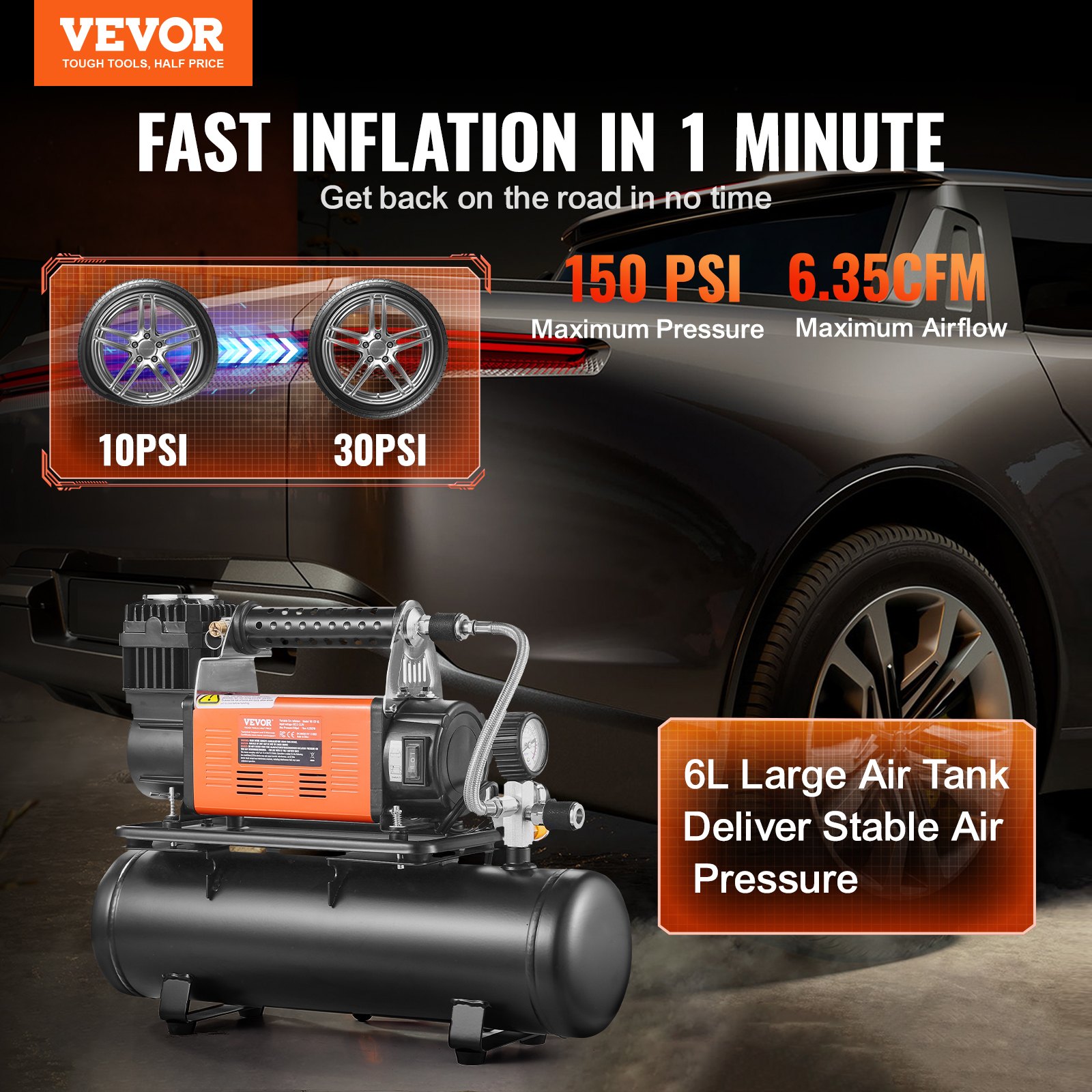 VEVOR 12V Heavy Duty Air Compressor with 6L Tank Kit, 6.35 CFM Portable Tire Inflator, 150PSI Offroad Air Compressor with Digital Pressure Gauge Tire Inflator for Trucks Car SUV 4 x 4 Vehicle RV