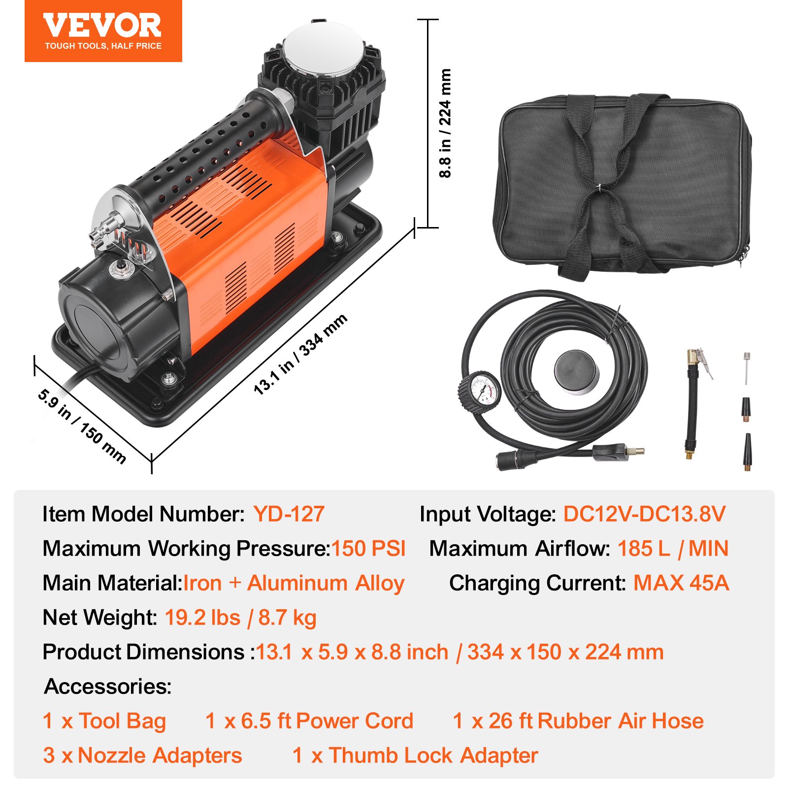 VEVOR 12V Portable Tire Inflator, 7.06CFM Heavy Duty Air Compressor, 150PSI Offroad Air Pump with Adapters for Car SUV RV Truck - Include 6.5FT Power Cord, 26FT Air Hose with Pressure Gauge, Carry Bag