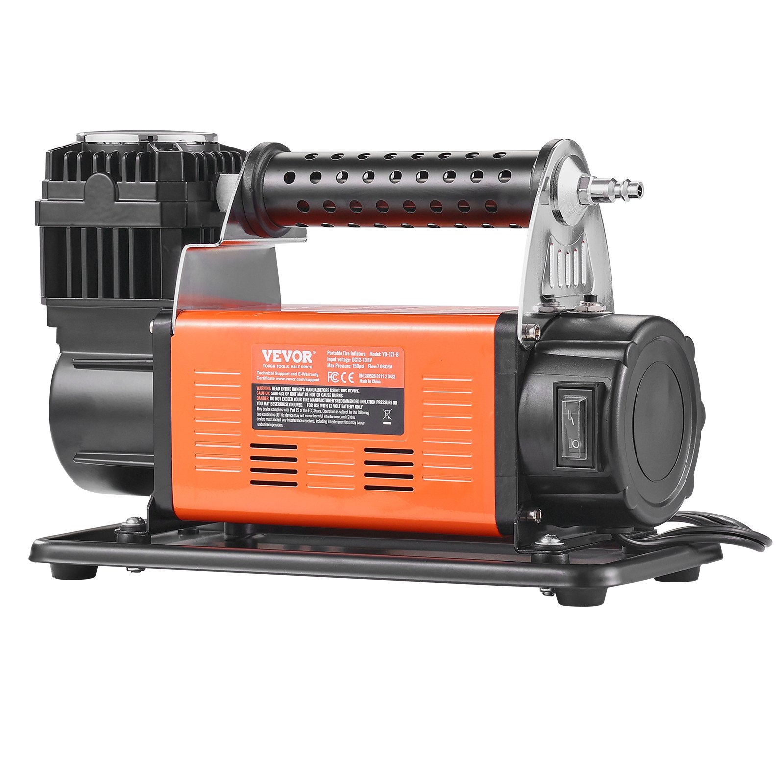 VEVOR 12V Portable Tire Inflator, 7.06CFM Heavy Duty Air Compressor, 150PSI Offroad Air Pump with Adapters for Car SUV RV Truck - Include 6.5FT Power Cord, 26FT Air Hose with Pressure Gauge, Carry Bag