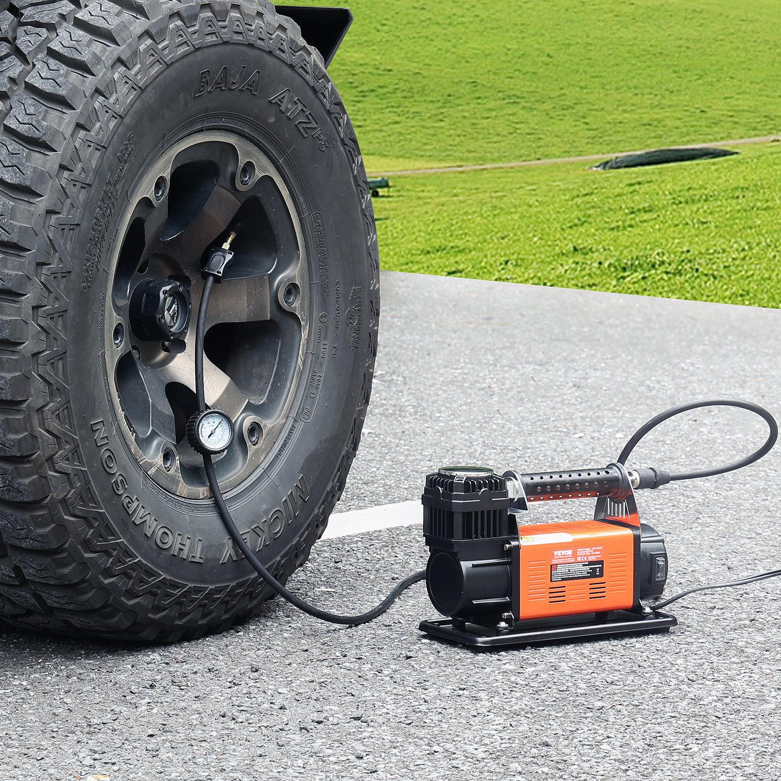 VEVOR 12V Portable Tire Inflator, 7.06CFM Heavy Duty Air Compressor, 150PSI Offroad Air Pump with Adapters for Car SUV RV Truck - Include 6.5FT Power Cord, 26FT Air Hose with Pressure Gauge, Carry Bag