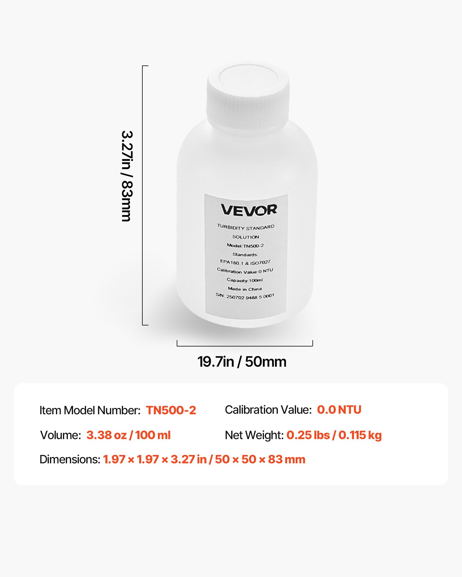 VEVOR Turbiditetskalibreringsopløsning, 0 NTU, 100 ml kapacitet, standard turbiditetsopløsningsrefill til turbiditetsmåler, nuldrift for stabil koncentration, klar til brug, til både hvidt og rødt lys