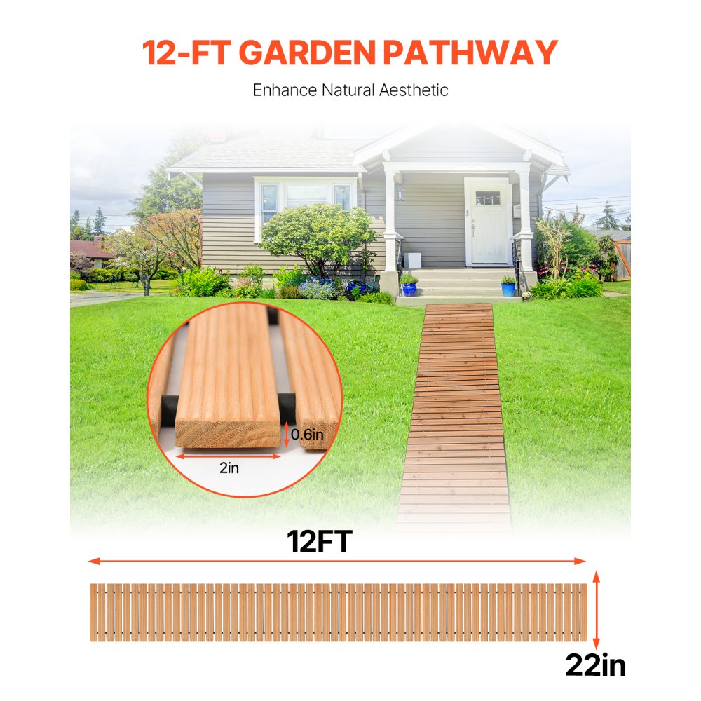 VEVOR Wooden Garden Pathway, 12 ft L x 22 in W, Non-Slip Straight Garden Walkway, Roll Out Cedar Outdoor Walkway Path with Wire Rope Connection, Decorative Garden Paver for Backyard Wedding Party