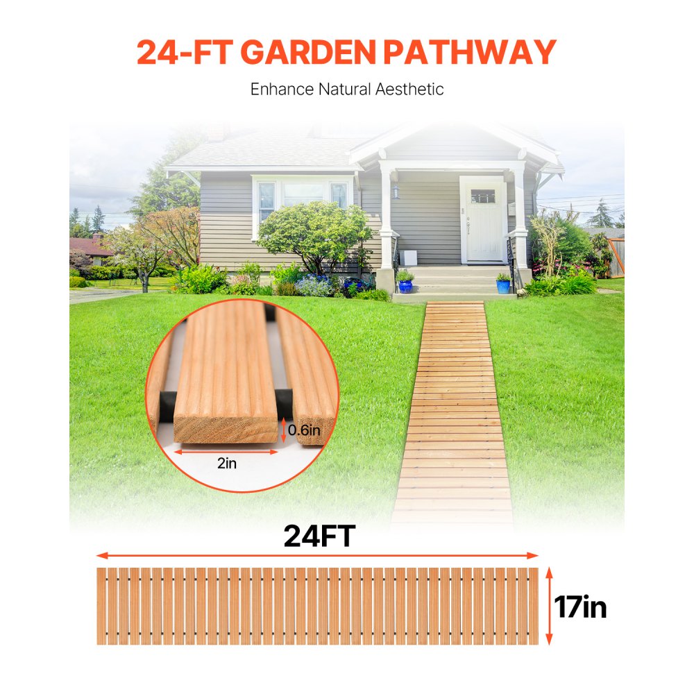 VEVOR Wooden Garden Pathway, 24 ft L x 17 in W, Non-Slip Straight Garden Walkway, Roll Out Cedar Outdoor Walkway Path with Wire Rope Connection, Decorative Garden Paver for Backyard Wedding Party