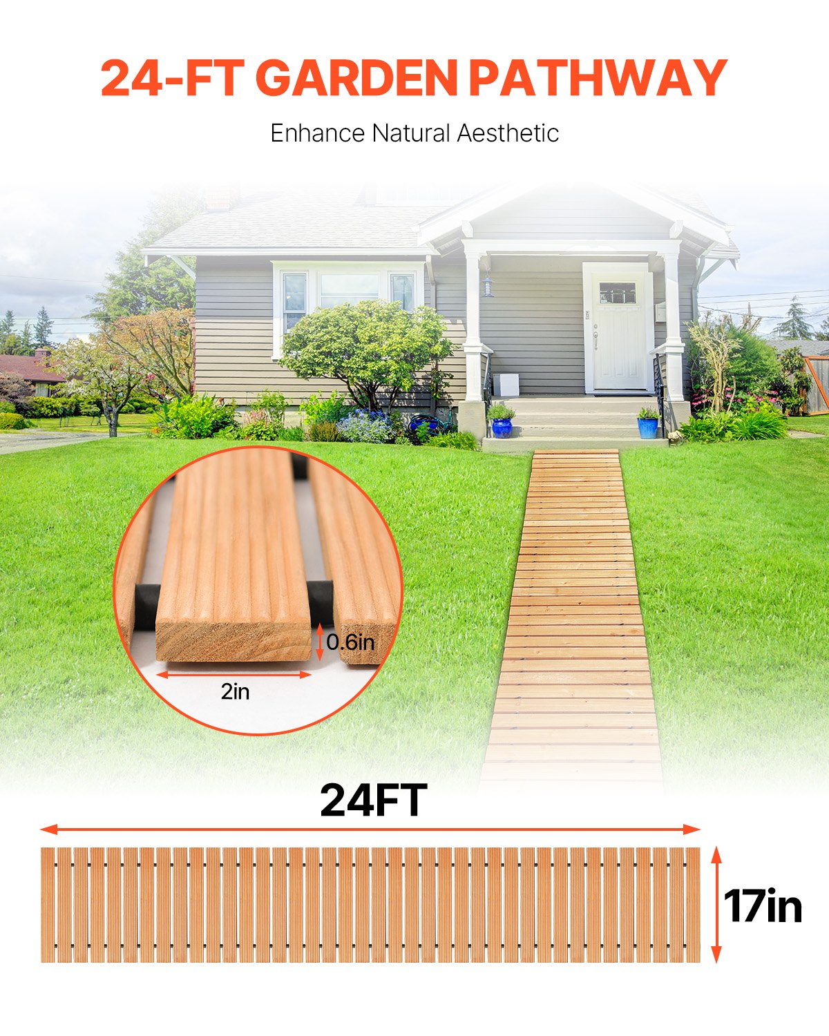 VEVOR Wooden Garden Pathway, 24 ft L x 17 in W, Non-Slip Straight Garden Walkway, Roll Out Cedar Outdoor Walkway Path with Wire Rope Connection, Decorative Garden Paver for Backyard Wedding Party