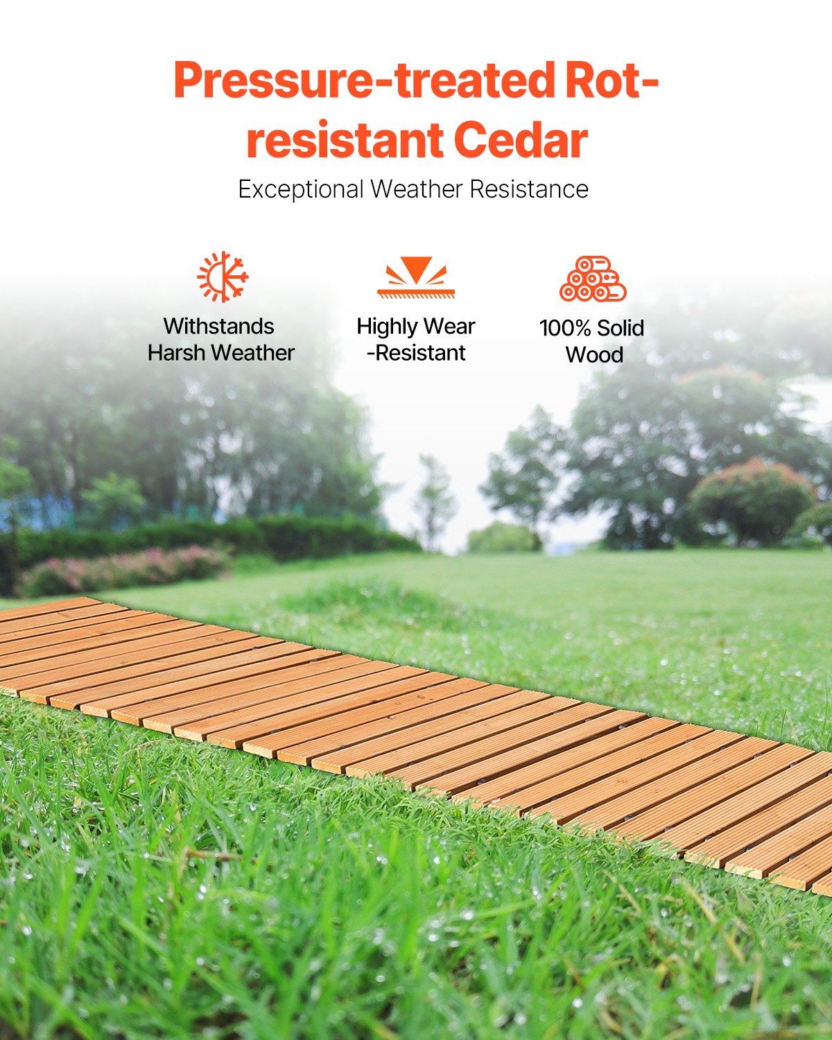 VEVOR Wooden Garden Pathway, 24 ft L x 17 in W, Non-Slip Straight Garden Walkway, Roll Out Cedar Outdoor Walkway Path with Wire Rope Connection, Decorative Garden Paver for Backyard Wedding Party