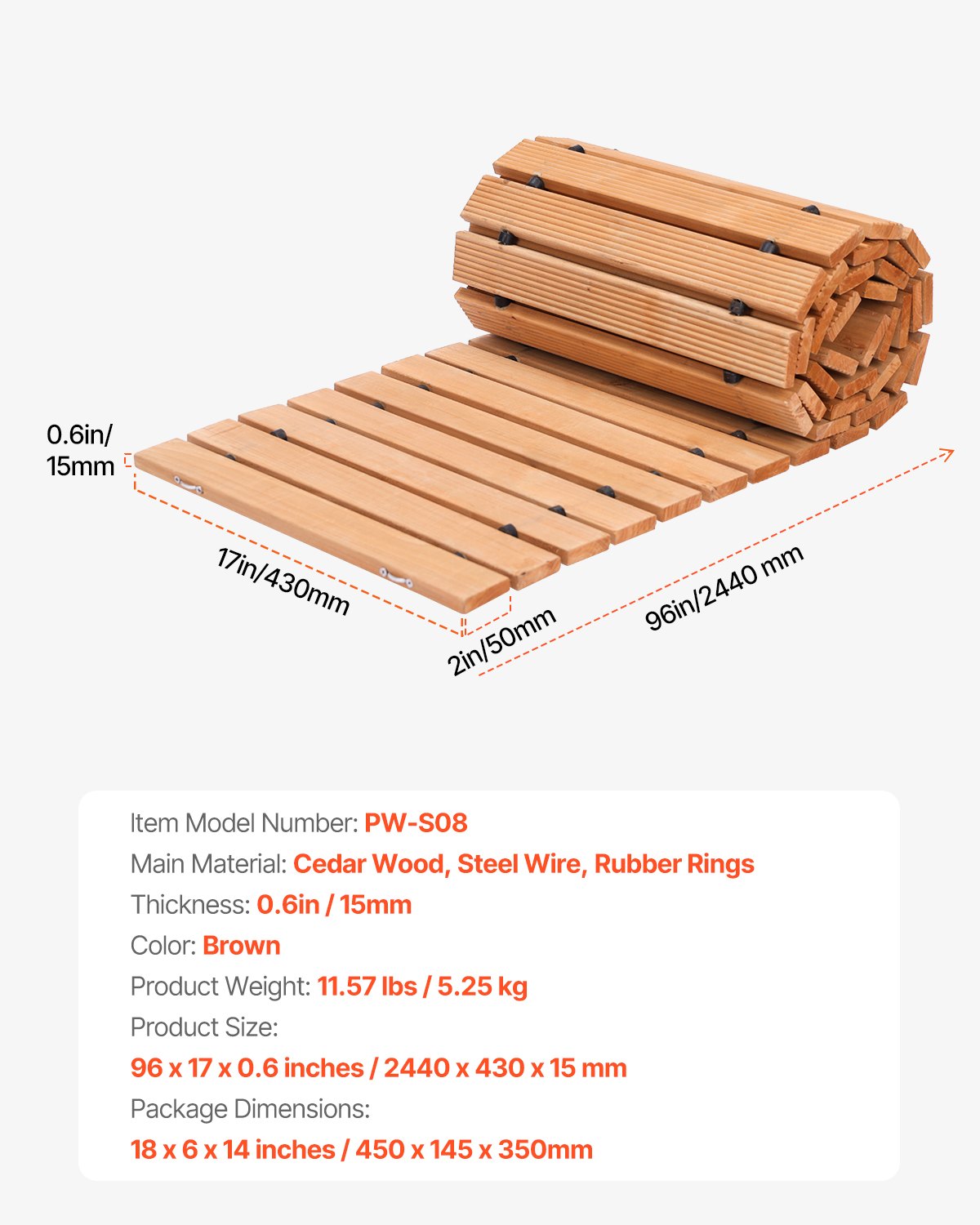VEVOR Wooden Garden Pathway, 8 ft L x 17 in W, Non-Slip Straight Garden Walkway, Roll Out Cedar Outdoor Walkway Path with Wire Rope Connection, Decorative Garden Paver for Backyard Wedding Party