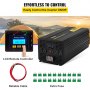 VEVOR power inverter with lcd remote controller, reliable cable, extra fuse, and tent background.